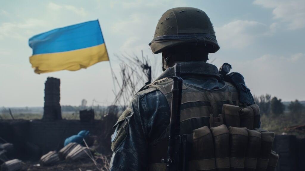 Ein abgewandter Soldat vor einer Trümmerlandschaft mit einer ukrainischen Flagge